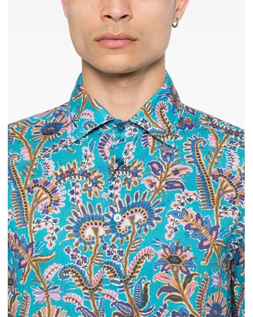 Etro Blue Floral-Print Linen Shirt for men