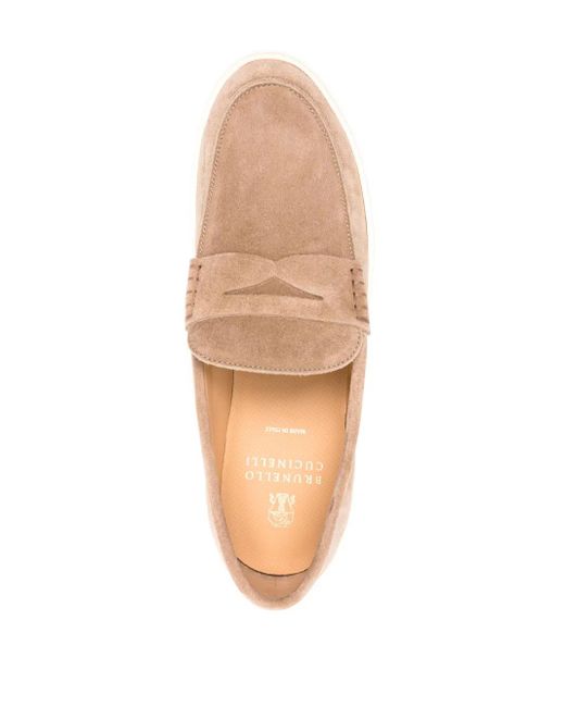 Brunello Cucinelli Pink Logo-Embroidered Suede Penny Loafers for men