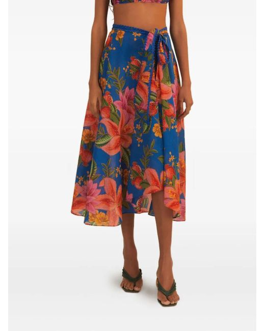 Farm Rio Red Floral Wrap Midi Skirt