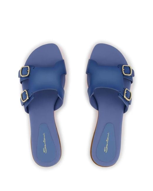 Santoni Blue Double-Buckle Leather Slides