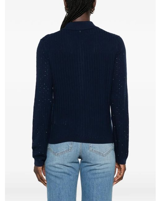 Maje Blue Pointelle-Knit Rhinestone-Embellished Cardigan