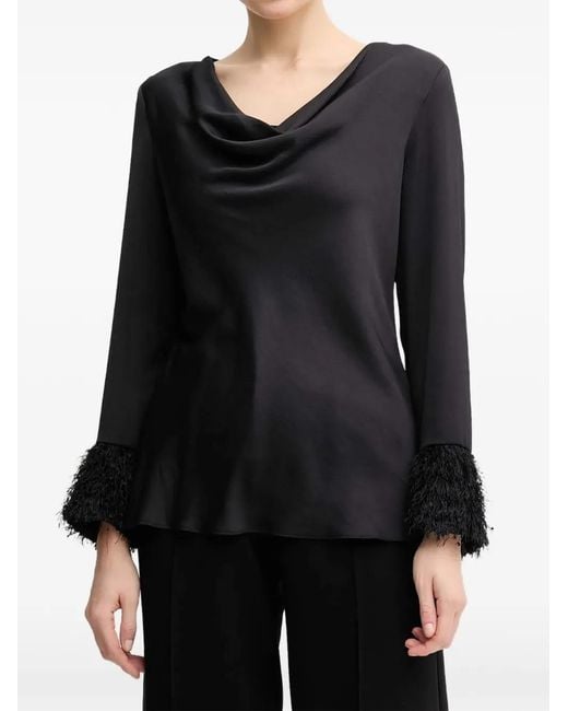 Joseph Ribkoff Black Cowl-Neck Fringed-Hem Blouse