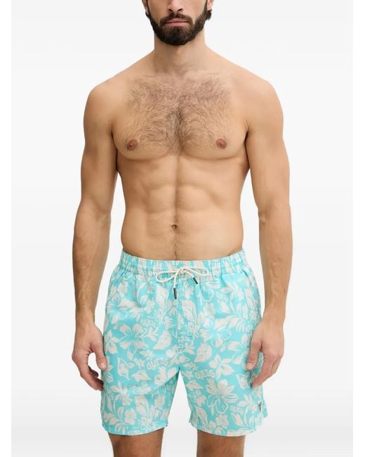 Guess Blue Floral-Print Drawstring Swim Shorts for men