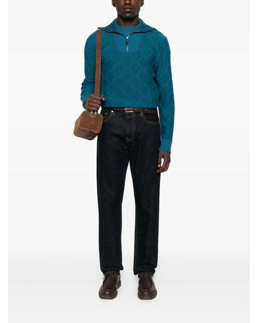 Canali Blue Diamond-Pattern Zip-Neck Sweater for men