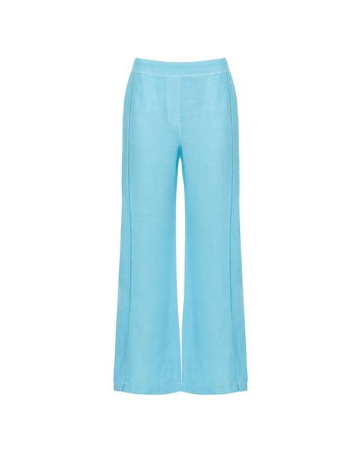 120% Lino Blue Ladder-Stitch Wide-Leg Trousers