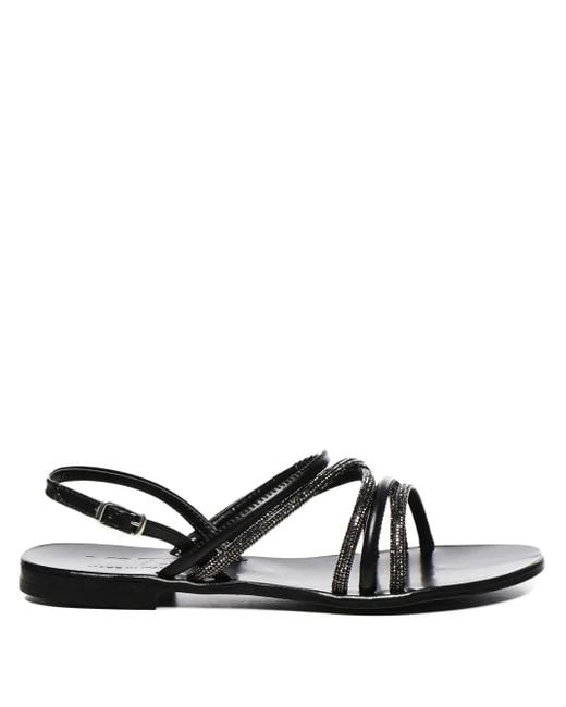 V73 Black Rhinestone-Embellished Flat Sandals