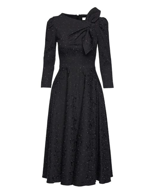 Nissa Black Rhinestone-Embellished Brocade Midi Dress