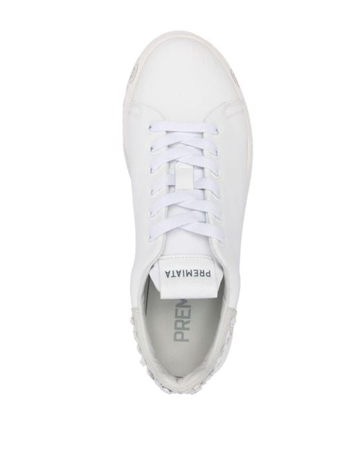 Premiata White Belle Crystal-embellished Leather Sneakers