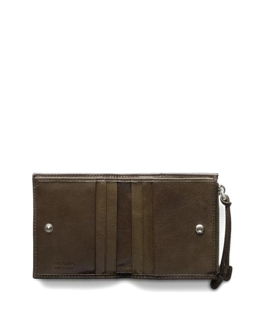 Prada Brown Triangle Logo Zip Leather Wallet for men