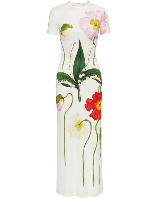 Oscar de la Renta White Painted Poppies-print Jersey Maxi Dress