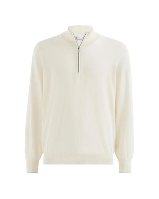 Brunello Cucinelli White Sea Island Cotton And Cashmere Lightweight Sweater With Half Zip for men