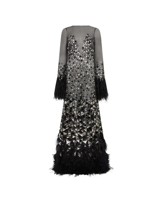 Alberta Ferretti Black Feather-Trim Mirrored A-Line Maxi Dress