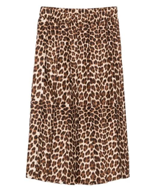 P.A.R.O.S.H. Brown Pleated Leopard-Print Midi Skirt