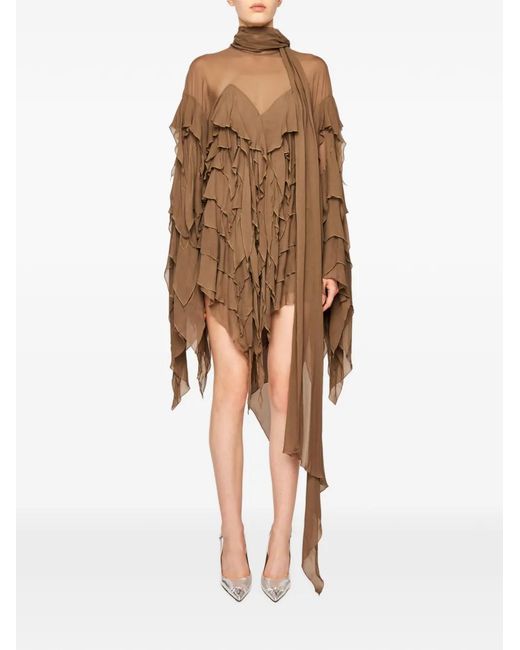 Blumarine Natural Ruffled Long-Sleeve Asymmetric Dress