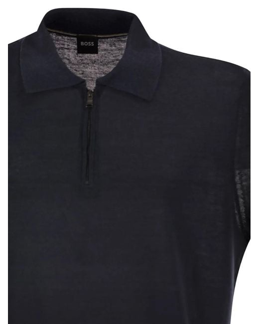 Boss Blue Half-Zip Contrast-Stripe Polo Shirt for men
