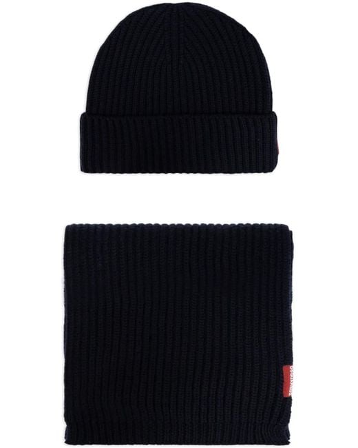 DSquared² Blue Ribbed-Knit Logo-Plate Scarf And Hat Set for men