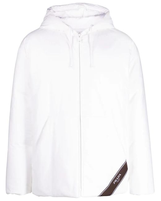 Prada White Logo-Print Hooded Down Jacket for men
