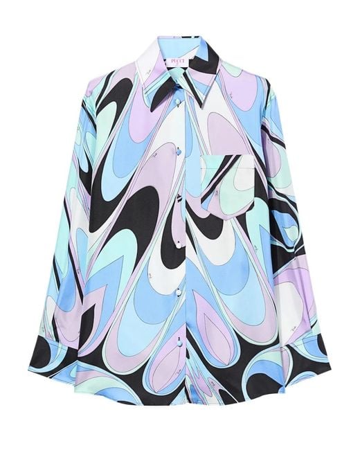 Emilio Pucci Blue Onde-Print Pocket Silk Shirt