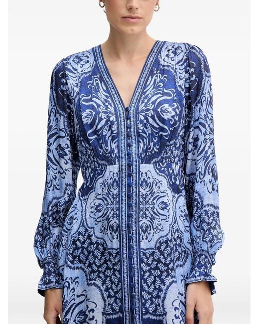 Hale Bob Blue Noor V-Neck Printed Midi Dress