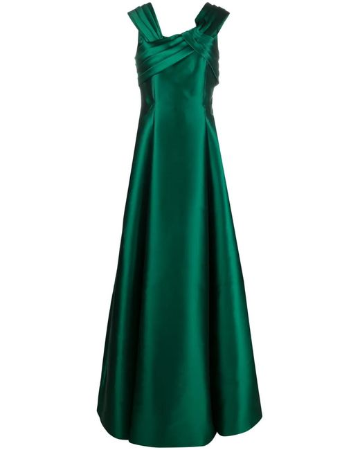 Alberta Ferretti Green Pleat-Detail Asymmetric Flared Gown