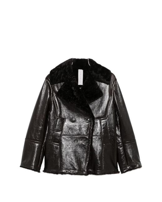FURLING BY GIANI Black Shearling-Collar Double-Breasted Jacket