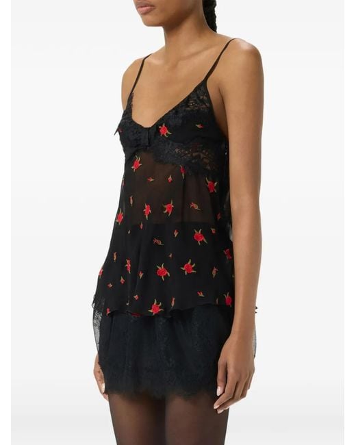 Blumarine Black Lace-Trim Embroidered Top