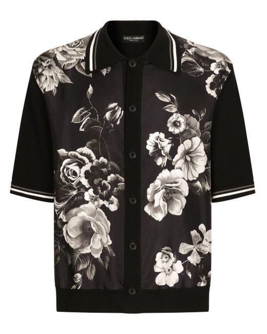 Dolce & Gabbana Black Floral-print Short-sleeve Shirt for men