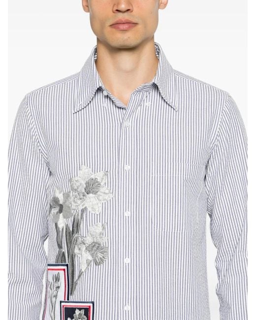 Thom Browne White Floral-Embroidered Striped Shirt for men