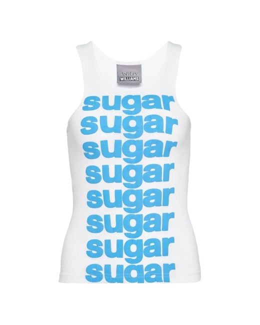 Ashley Williams Blue Slogan-Print Ribbed Tank Top