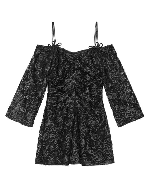Ganni Black Off-Shoulder Bow-Pattern Minidress