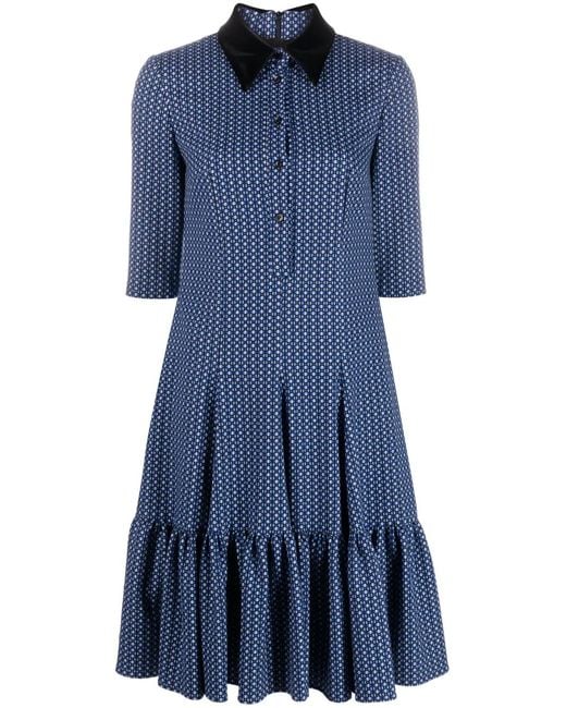 Talbot Runhof Blue Patterned-Jacquard Ruffle Mini Dress