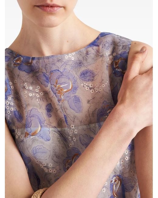 Prada Blue Chiffon-Minikleid Mit Blumen-Print