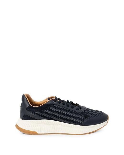 Boss Blue Woven-Panel Leather Sneakers for men