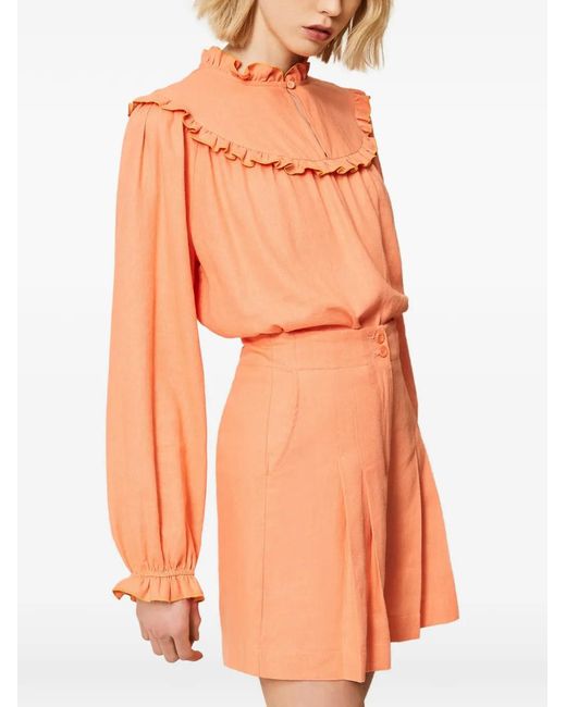 Twinset Orange Linen Blend Shorts With Pleats