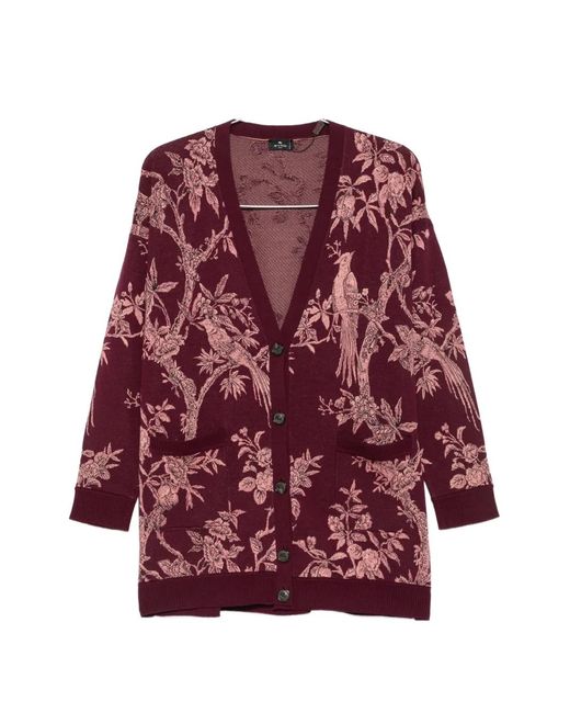 Etro Red Floral-Jacquard V-Neck Cardigan