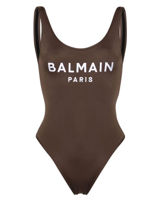 Balmain Brown Embroidered-logo Scoop-back Swimsuit