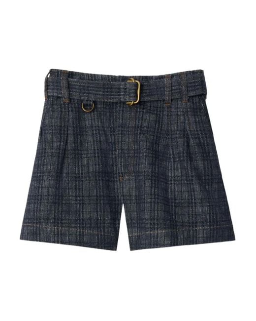 Burberry Blue Karierte Jeansshorts Mit Gürtel