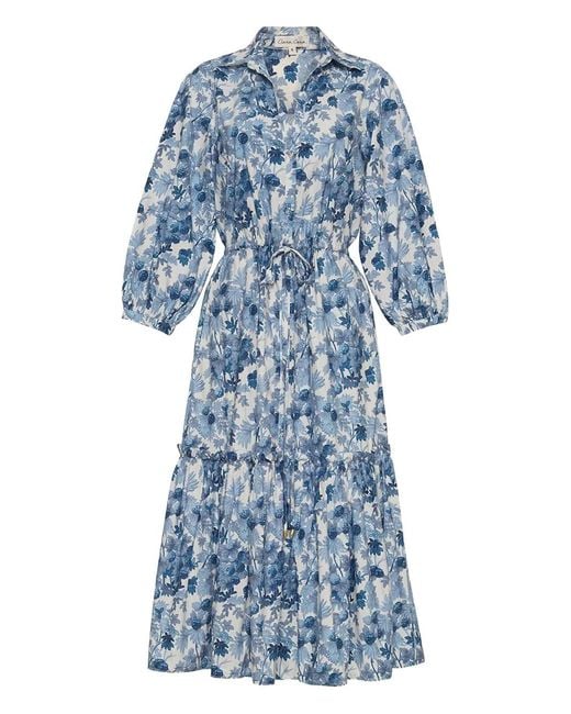 Cara Cara Hutton Floral-Print Tiered Midi Dress in Blue | Lyst