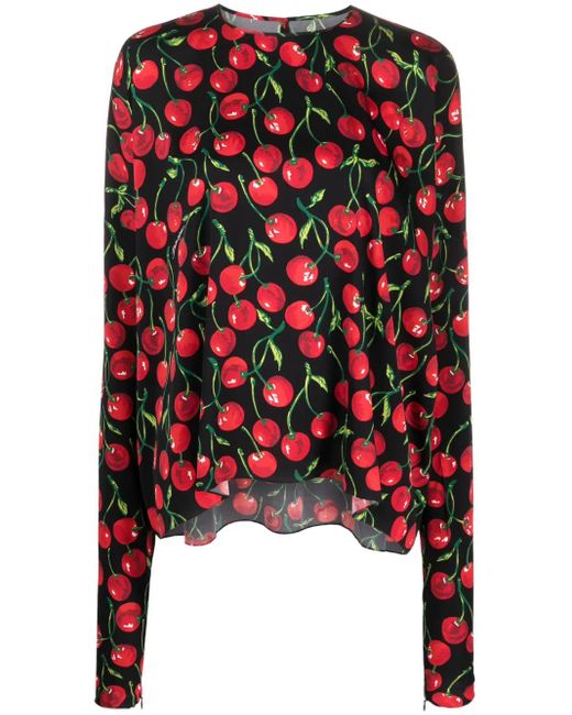Dolce & Gabbana Red Cherry-Print Long-Sleeve Blouse