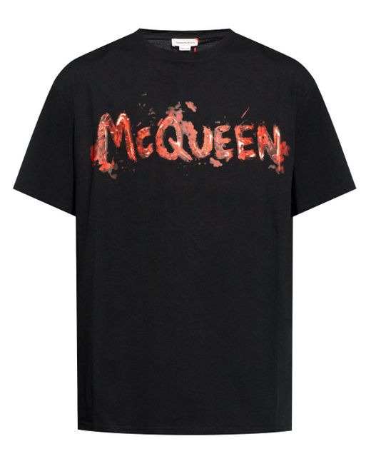 Alexander McQueen Black Logo-Print Cotton T-Shirt for men