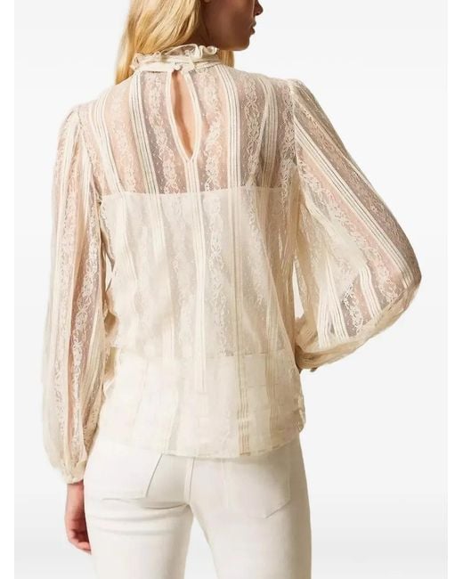 Twinset White Lace-Panelled Pussy-Bow Blouse
