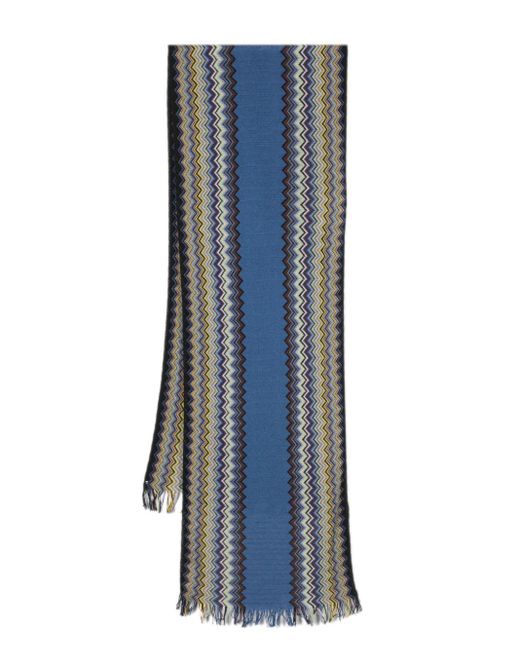 Missoni Blue Fringed Zigzag-knit Scarf for men