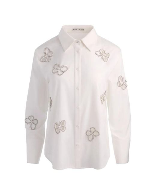 Alice + Olivia White Finely Crystal-Embellished Cutout Shirt