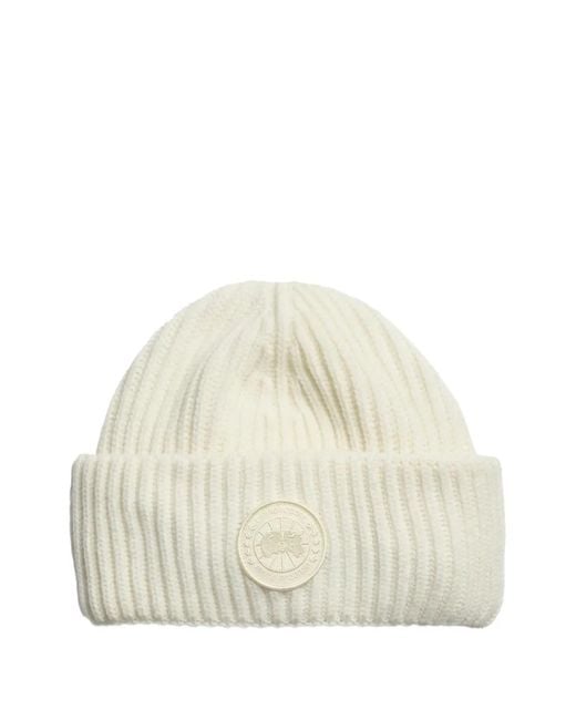 Canada Goose White Logo-Patch Ribbed-Knit Beanie Hat