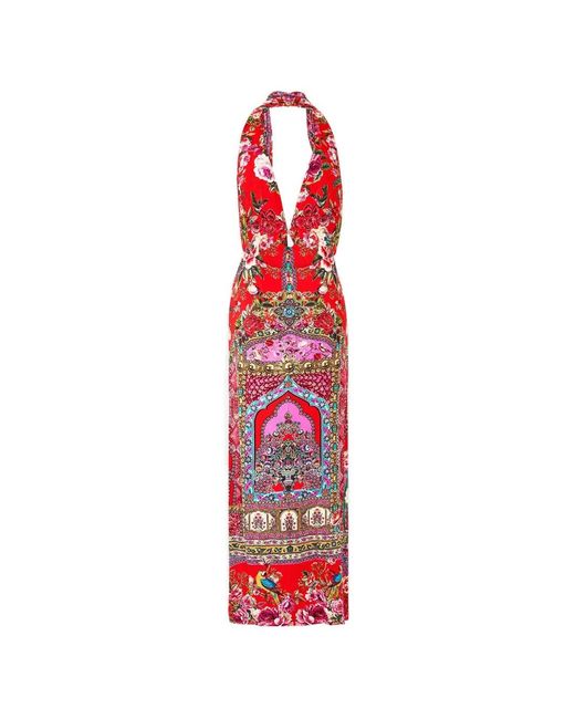 CAMILLA Women's Red Halterneck Plunge Midi Dress - tzaid.sa