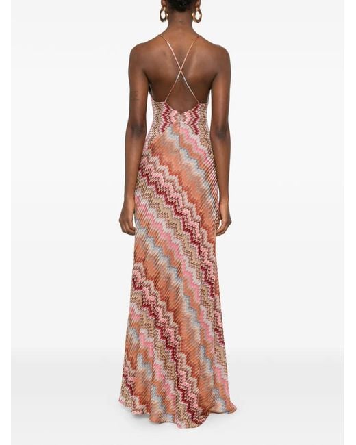 Missoni Multicolor Rust-Colored Snake-Pattern Chevron Viscose Long Dress With Crossed Straps