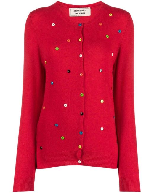 ALESSANDRO ENRIQUEZ Red Button-embellished Wool-blend Cardigan