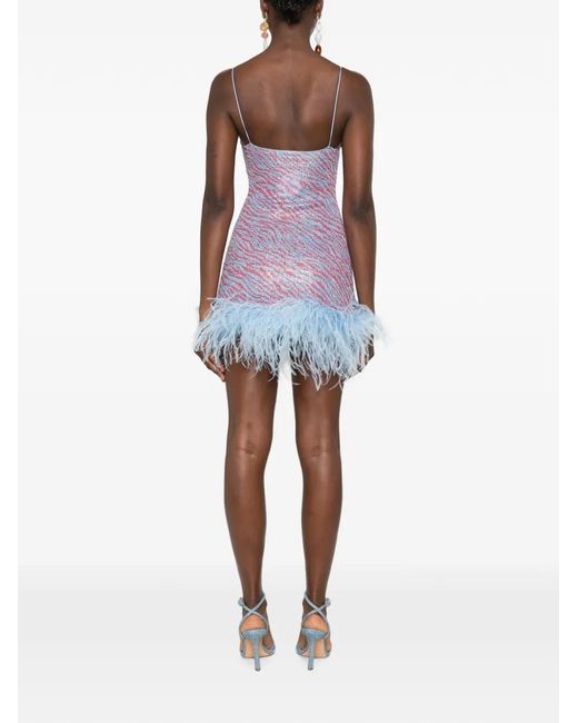 Oseree Purple Animal-Print Feather-Trim Mini Dress