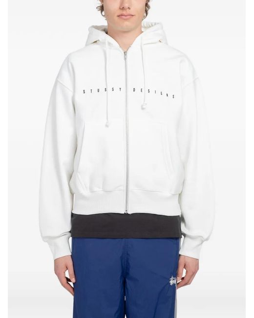 Stussy White S Box Logo-Print Zip-Up Hoodie