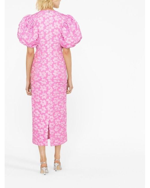 ROTATE BIRGER CHRISTENSEN Floral-Jacquard Puff-Sleeve Midi Dress in Pink |  Lyst